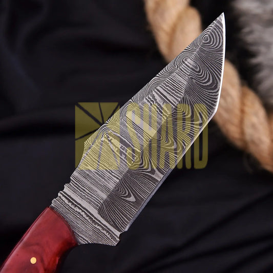 Hand-forged Damascus steel collectible with raindrop pattern and ruby red resin handle – Raindrop Mini gift piece