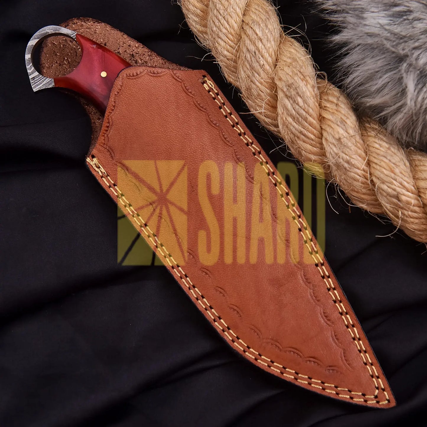 Hand-forged Damascus steel collectible with raindrop pattern and ruby red resin handle – Raindrop Mini gift piece