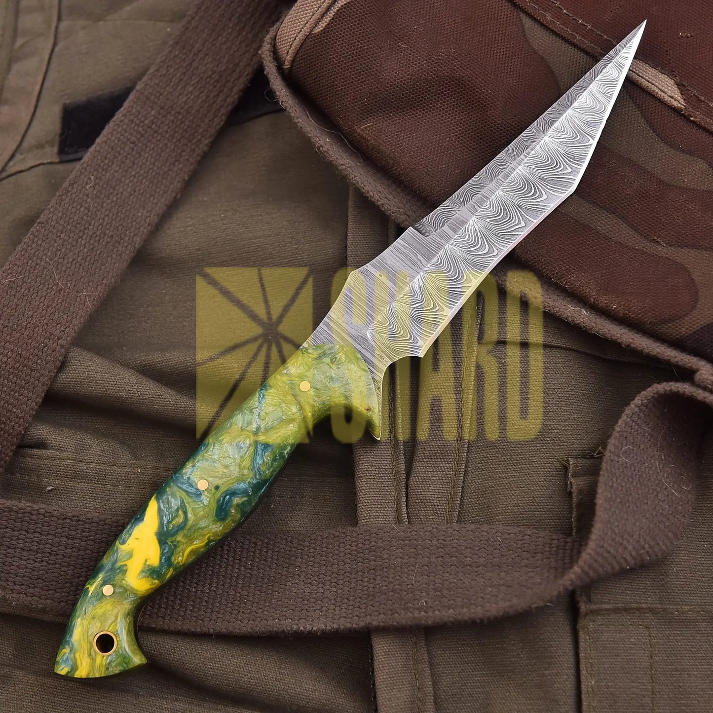 Hand-forged Damascus steel collectible with raindrop pattern and yellow & green mix resin handle – Raindrop Harmony gift piece