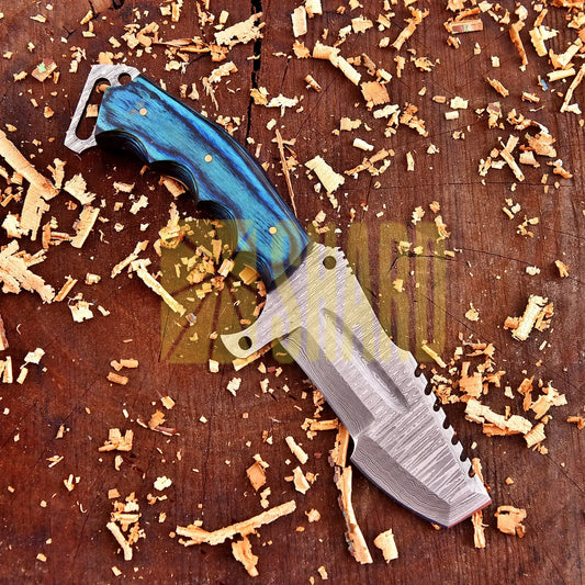 Sapphire Crest Damascus Outdoor Craft with blue dyed wood handle and raindrop wave Damascus steel pattern