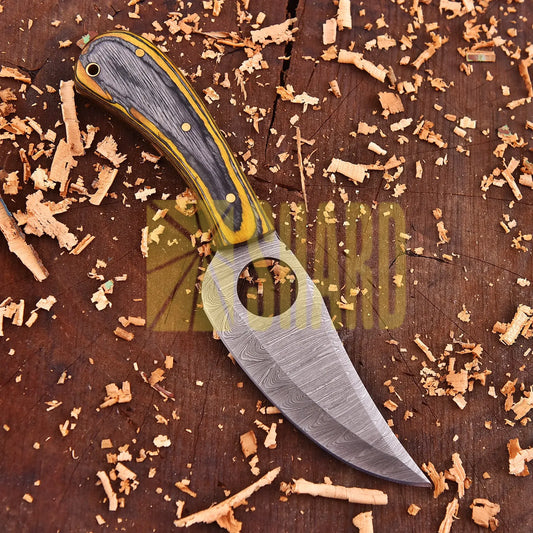 Cedarfall Damascus Artisan Tool with raindrop steel pattern and dyed wood handle