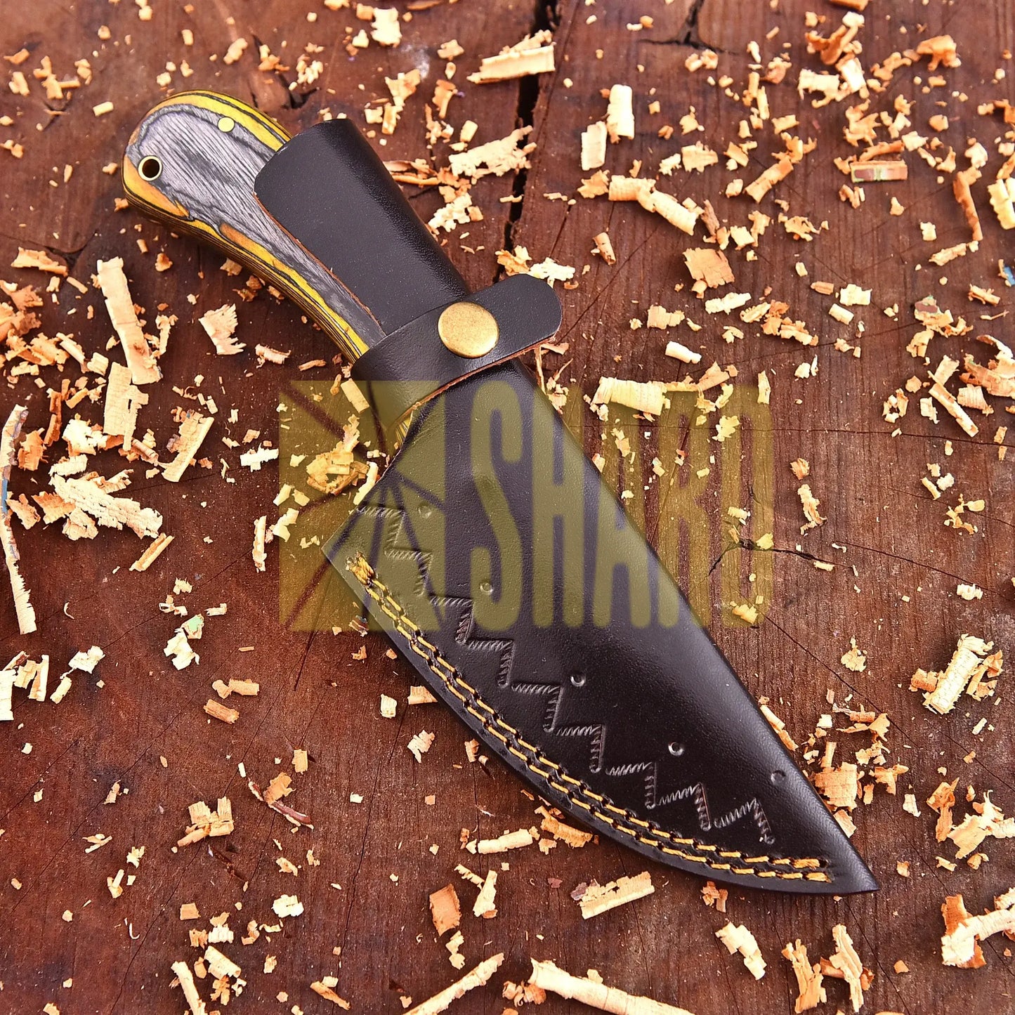 Cedarfall Damascus Artisan Tool with raindrop steel pattern and dyed wood handle
