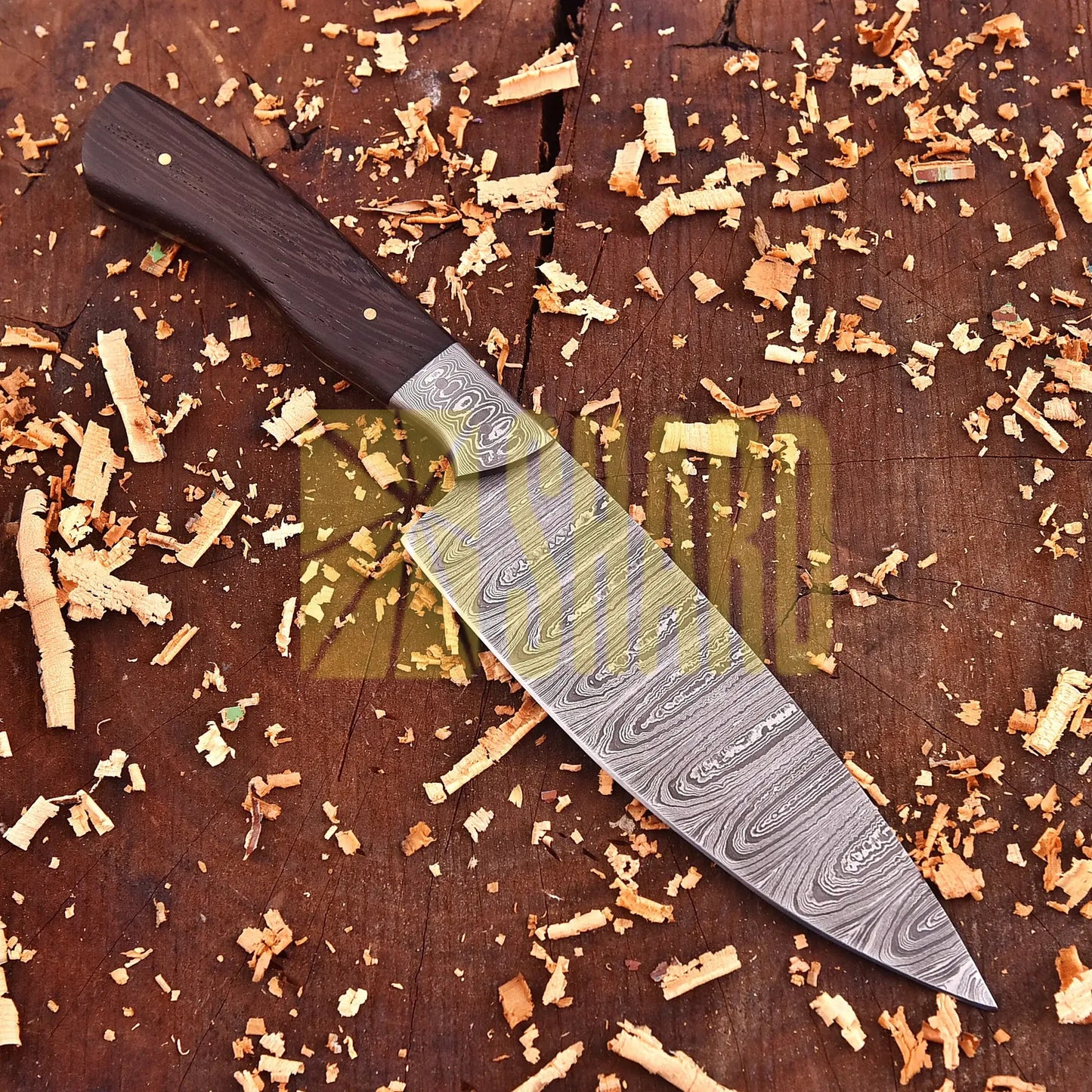 Hand-forged Damascus raindrop steel chef’s tool with rosewood handle – Emberleaf by Shard Blade