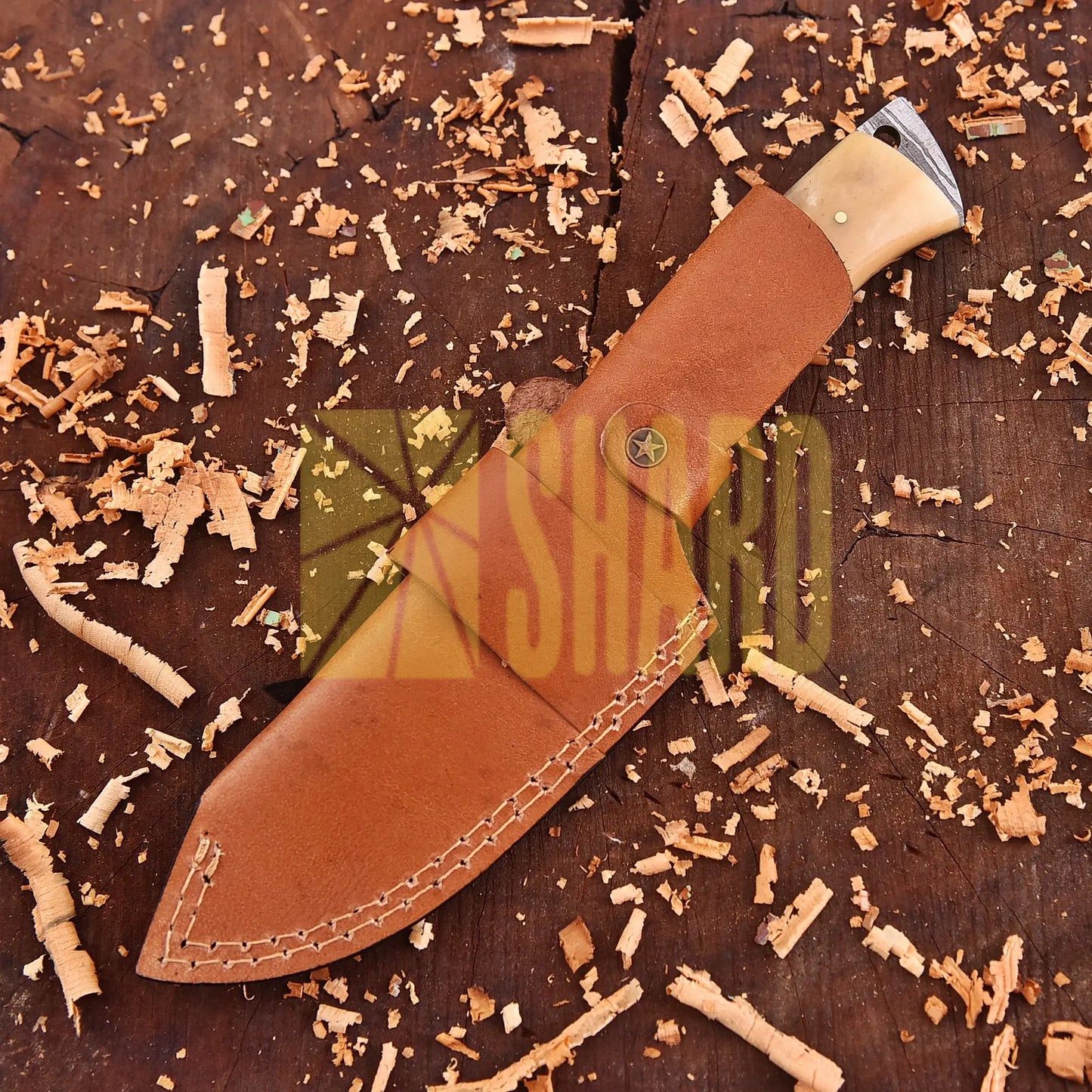 Lunar Howl Damascus collectible with wolf cut-out design and bone handle