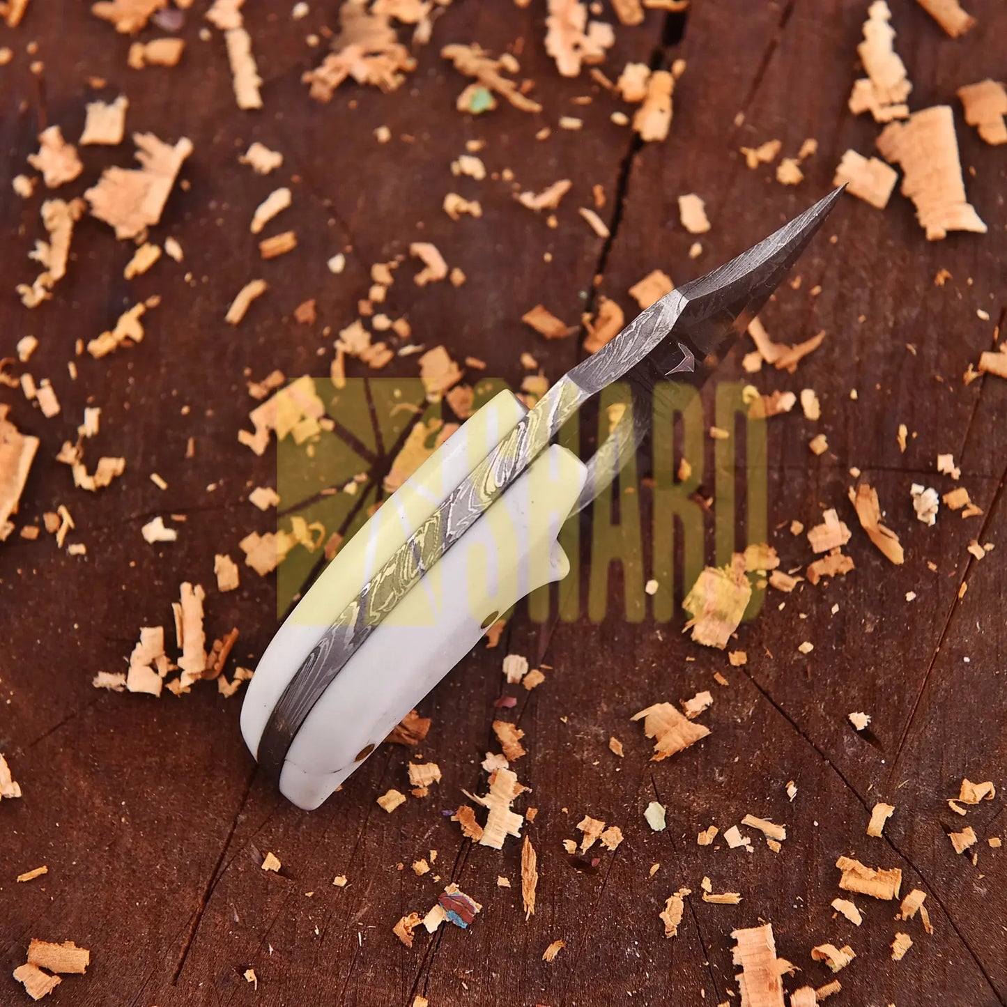 Aurora Pearl Damascus mini outdoor collectible with mother of pearl resin handle