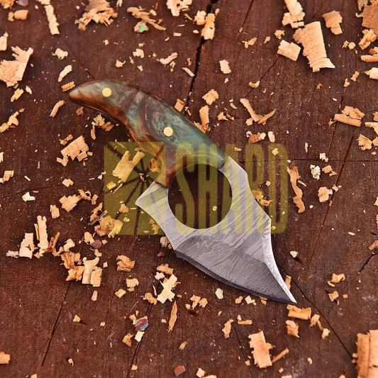 Aurora Grove Damascus Mini Collector’s Tool with orange and green resin handle