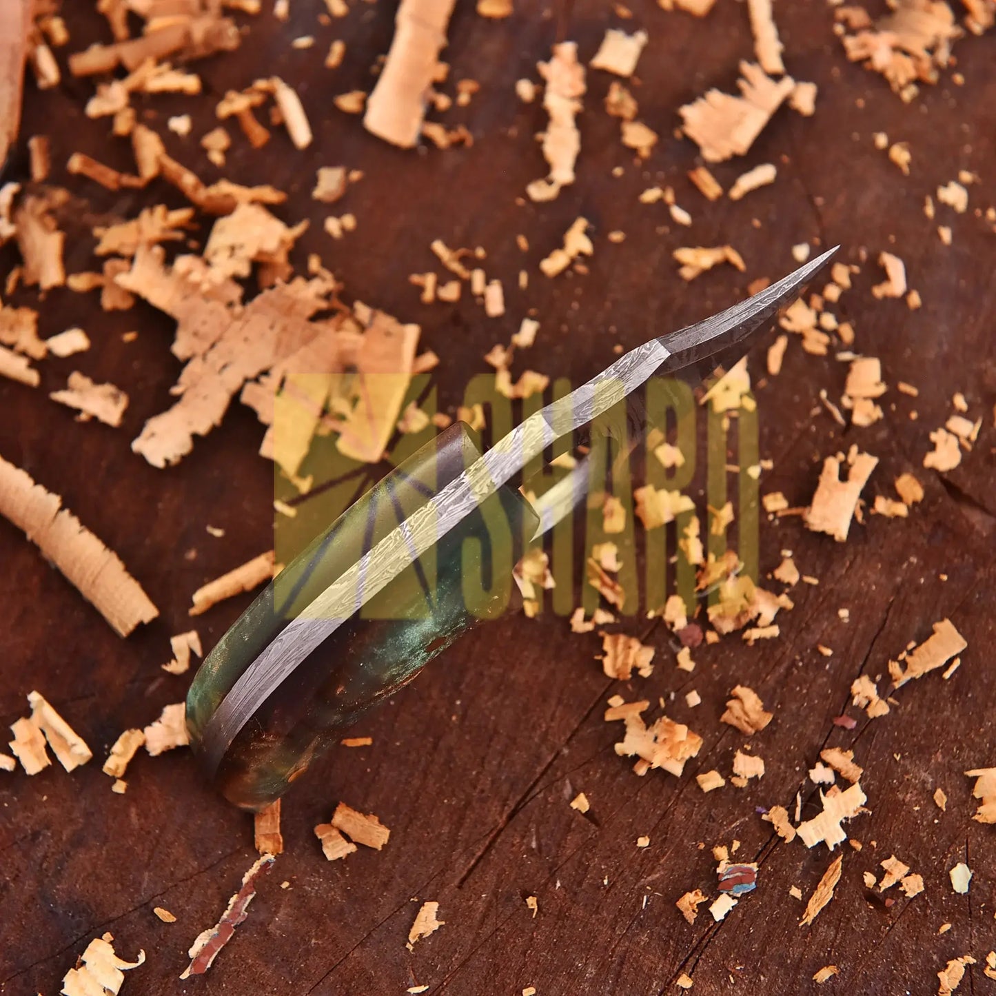 Aurora Grove Damascus Mini Collector’s Tool with orange and green resin handle