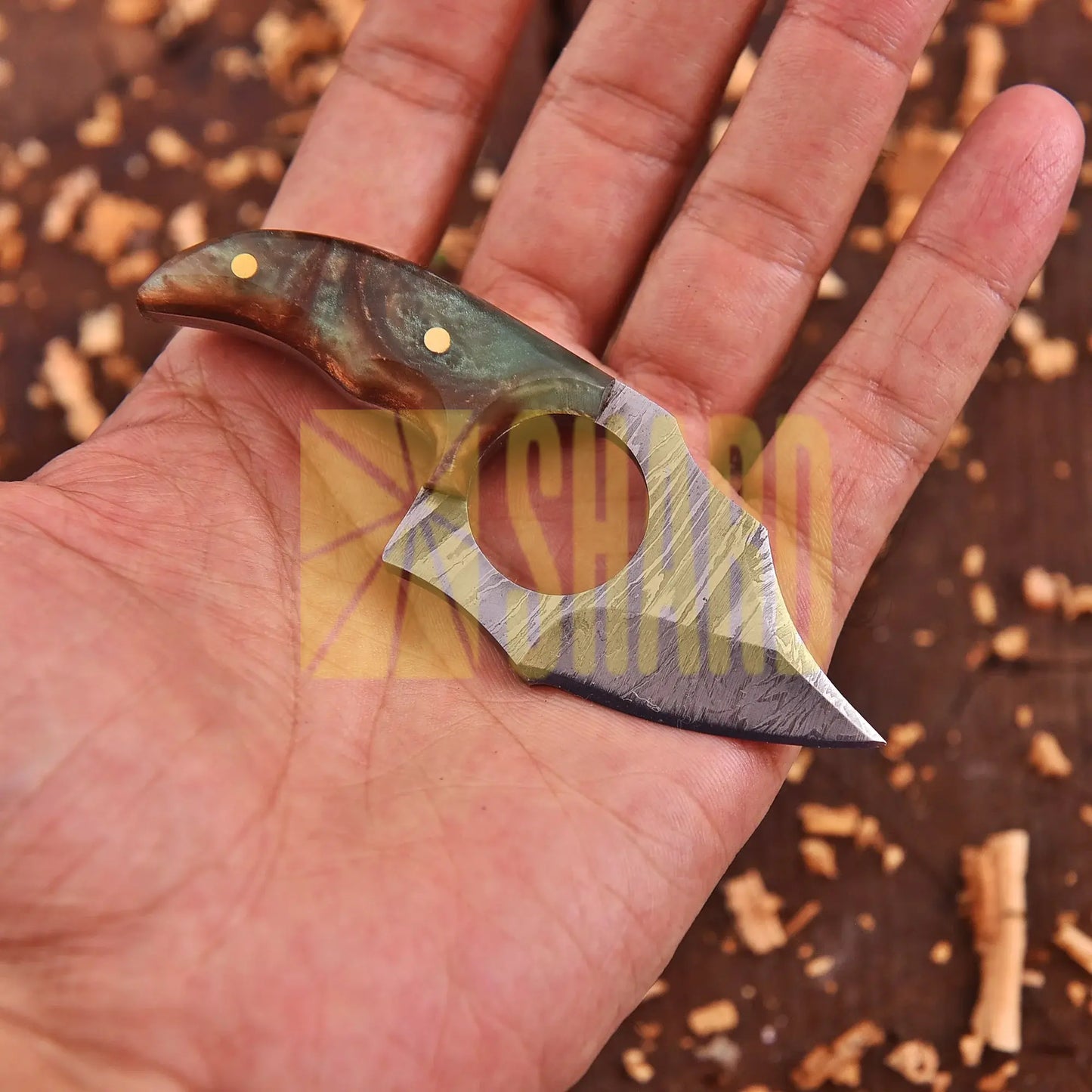 Aurora Grove Damascus Mini Collector’s Tool with orange and green resin handle