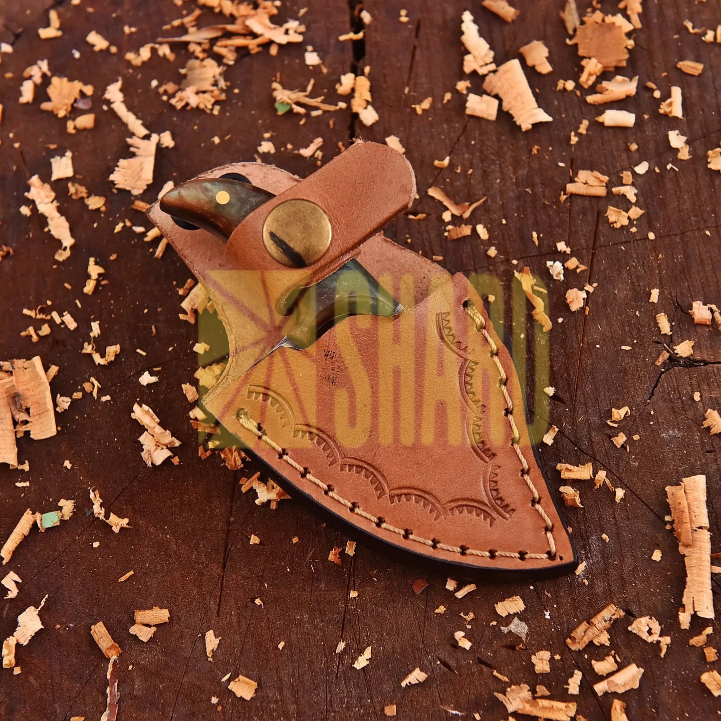 Aurora Grove Damascus Mini Collector’s Tool with orange and green resin handle