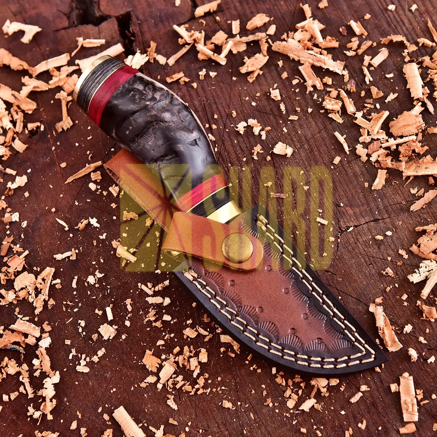 Stagcrest Damascus Mini Collector’s Tool with raindrop Damascus steel and stag handle