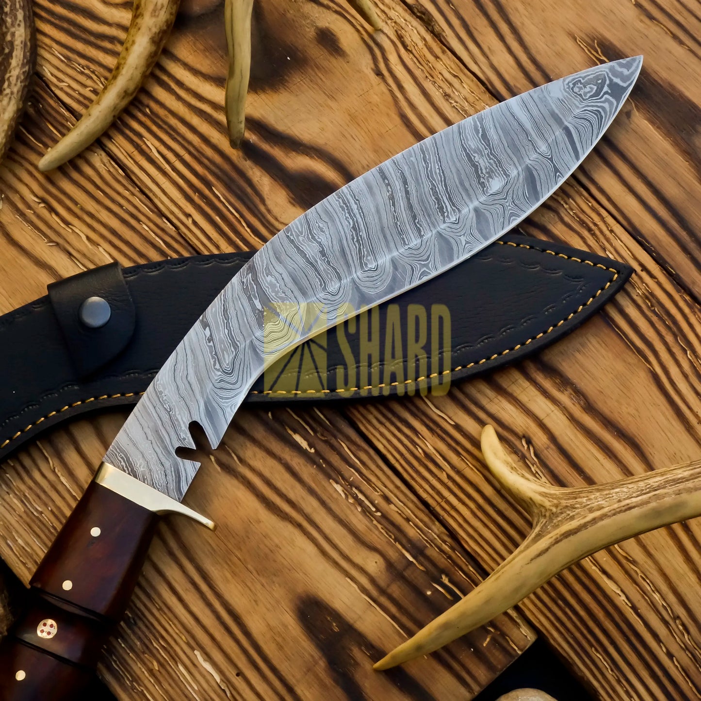 Hand-forged Damascus Kukri knife with polished rosewood handle – King’s Valor 9-inch blade