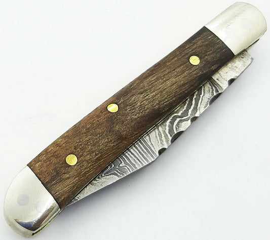 Handmade Damascus Steel Folding Mini Trapper Pocket Knife "Rose Wood Handle"