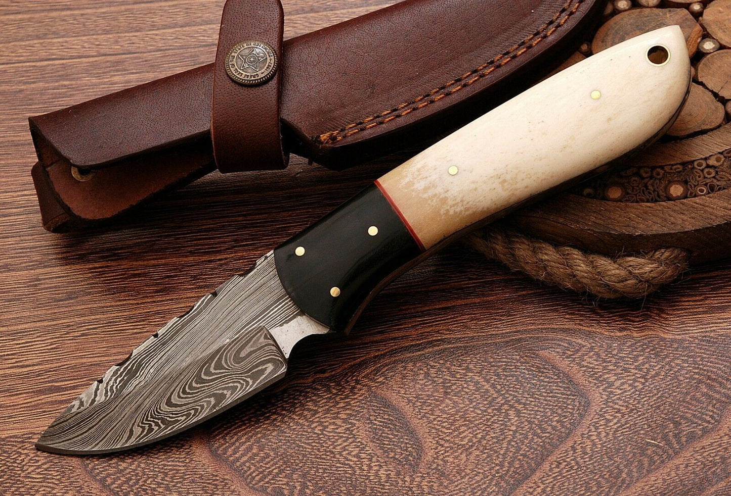 Handmade Damascus Steel Skinner Hunting Knife " Bone Handle"