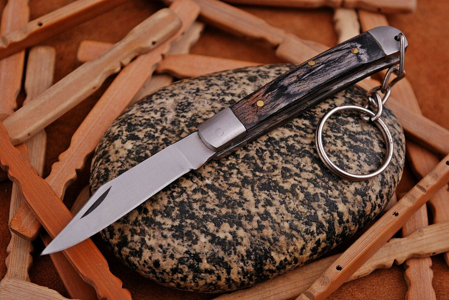 Mini Trapper Handmade Steel Folding Pocket Key Chain Knife "Black Wood Handle"