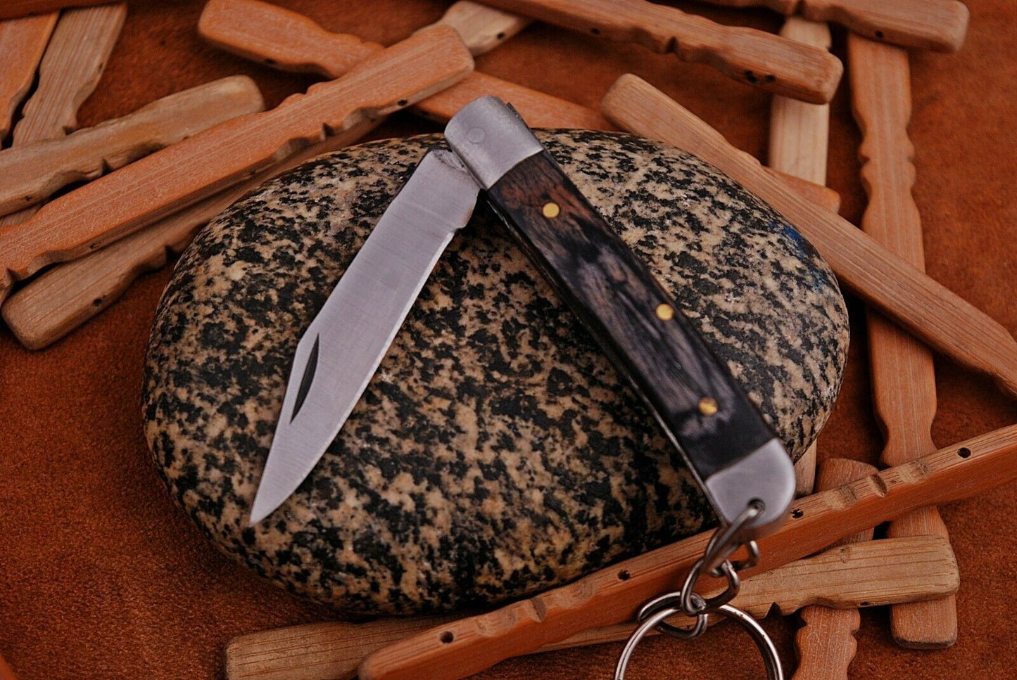 Mini Trapper Handmade Steel Folding Pocket Key Chain Knife "Black Wood Handle"
