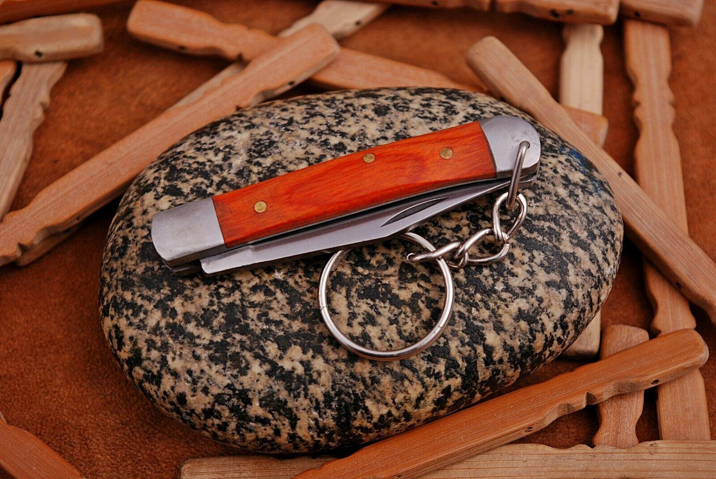 Mini Trapper Handmade Steel Folding Pocket Key Chain Knife "Orange Wood Handle"