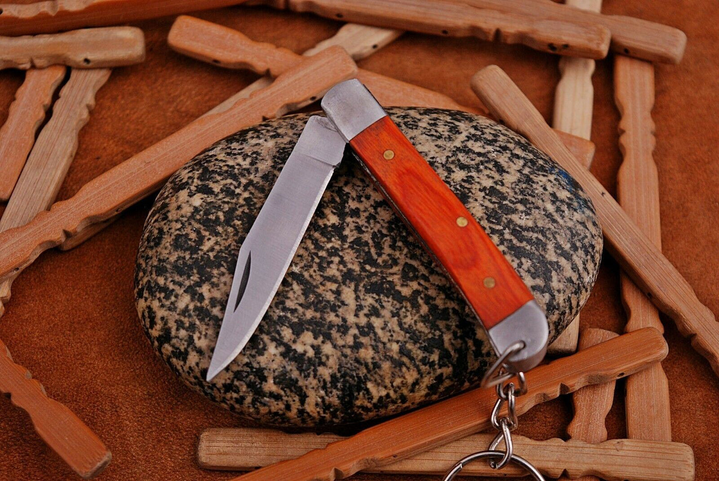 Mini Trapper Handmade Steel Folding Pocket Key Chain Knife "Orange Wood Handle"