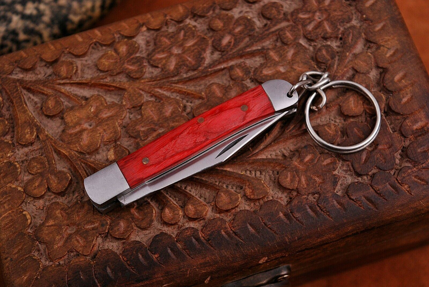 Mini Trapper Handmade Steel Folding Pocket Key Chain Knife "Red Wood Handle"