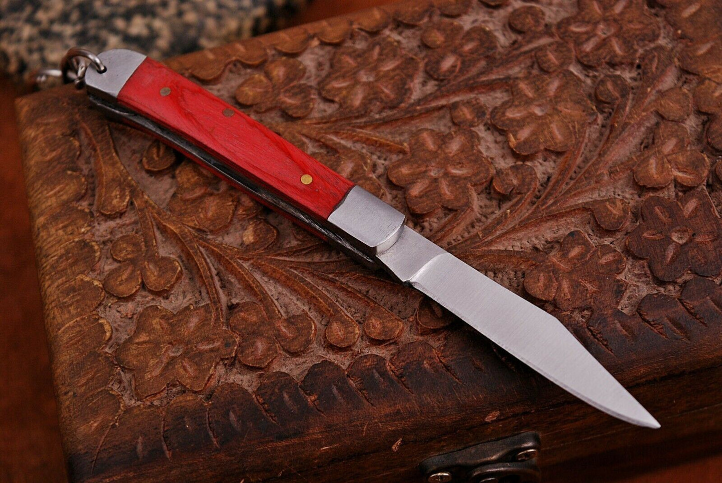 Mini Trapper Handmade Steel Folding Pocket Key Chain Knife "Red Wood Handle"