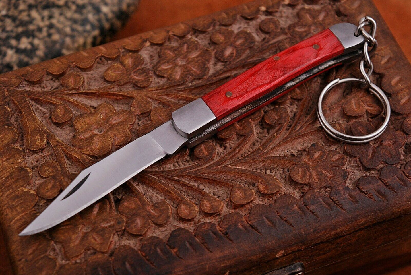 Mini Trapper Handmade Steel Folding Pocket Key Chain Knife "Red Wood Handle"