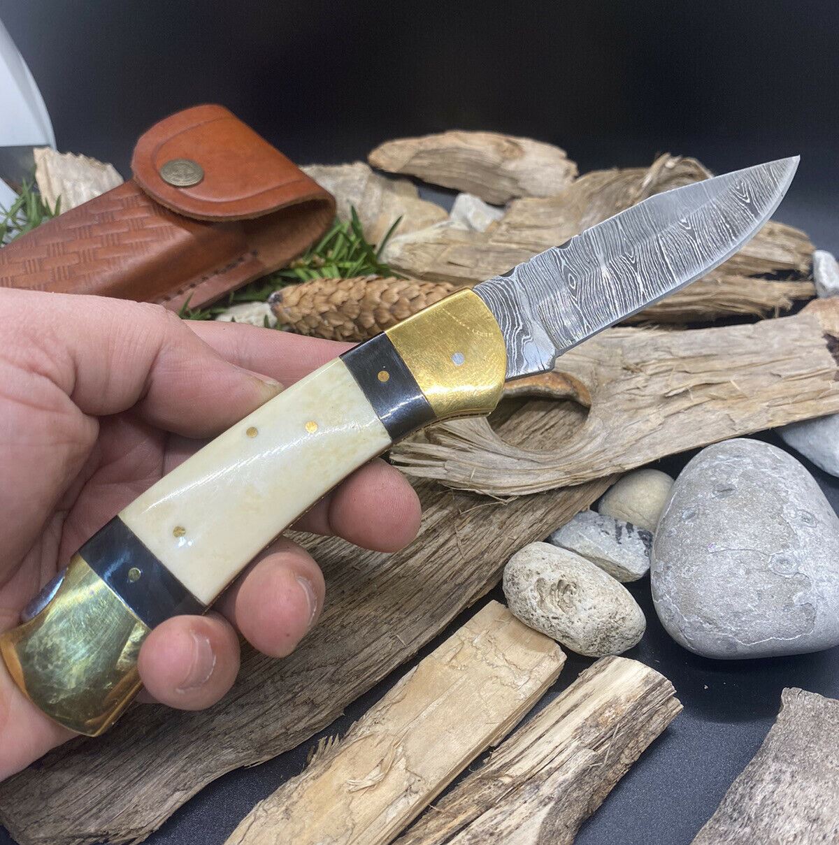 HAND FORGED Damascus Steel BackLock Folding Pocket Knife Bone Handle with Sheath