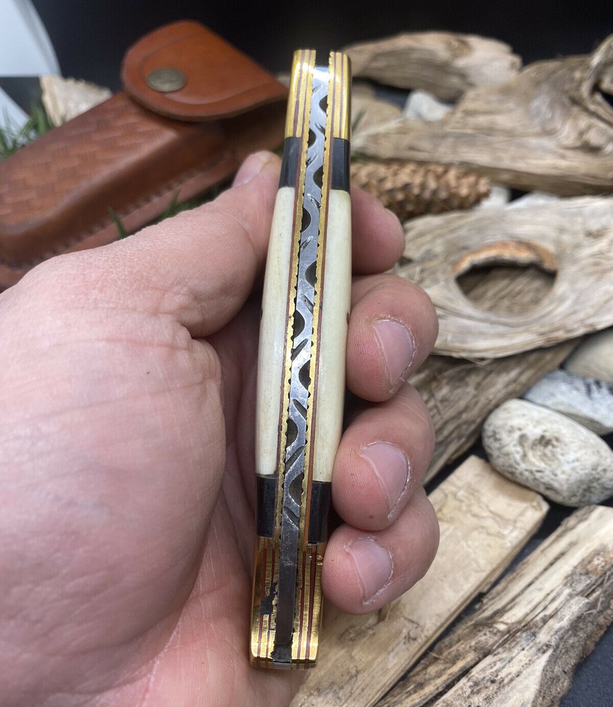 HAND FORGED Damascus Steel BackLock Folding Pocket Knife Bone Handle with Sheath