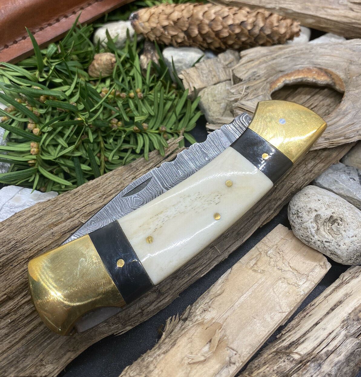 HAND FORGED Damascus Steel BackLock Folding Pocket Knife Bone Handle with Sheath