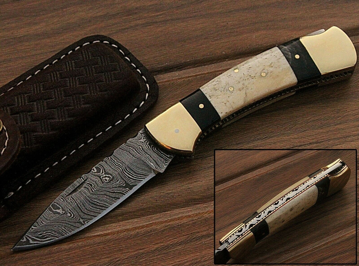 HAND FORGED Damascus Steel BackLock Folding Pocket Knife Bone Handle with Sheath