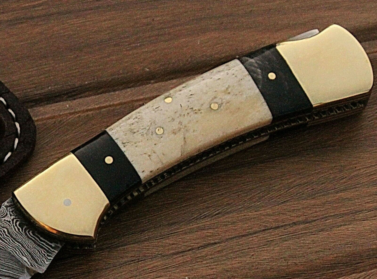 HAND FORGED Damascus Steel BackLock Folding Pocket Knife Bone Handle with Sheath