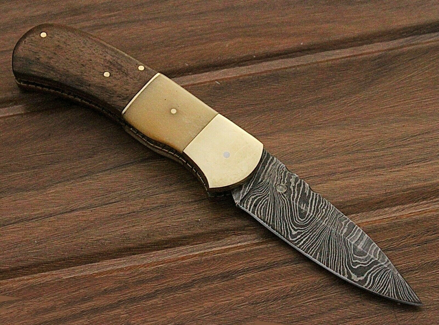 HAND FORGED Damascus Steel Folding Pocket Knife Bone Handle with Sheath(169B)