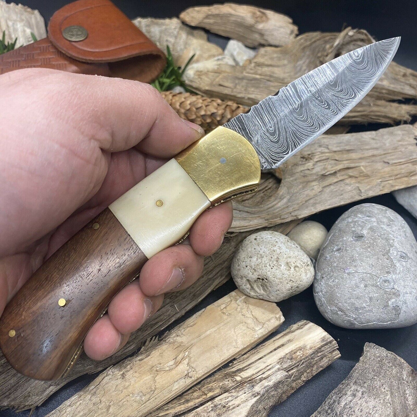 HAND FORGED Damascus Steel Folding Pocket Knife Bone Handle with Sheath(169B)