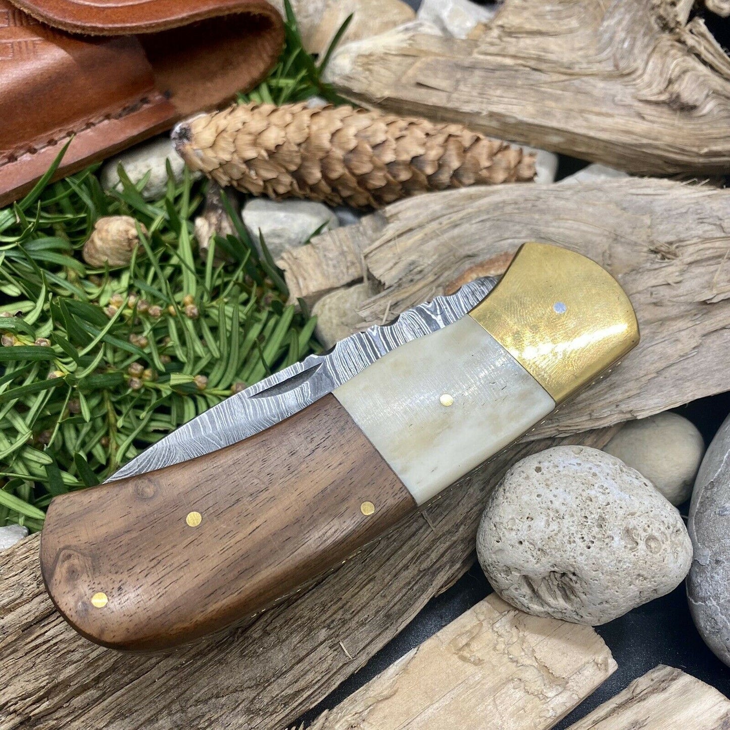 HAND FORGED Damascus Steel Folding Pocket Knife Bone Handle with Sheath(169B)