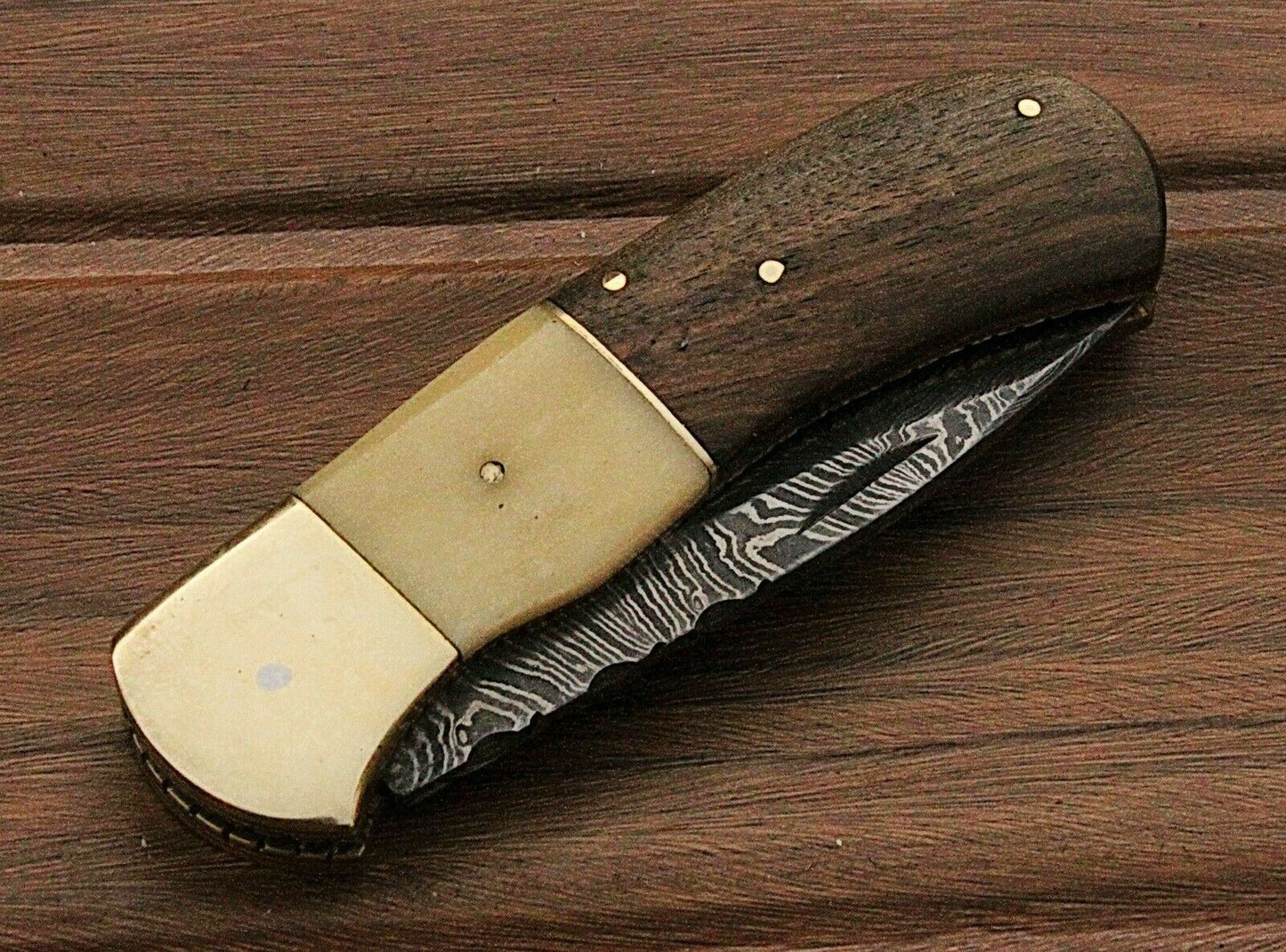HAND FORGED Damascus Steel Folding Pocket Knife Bone Handle with Sheath(169B)