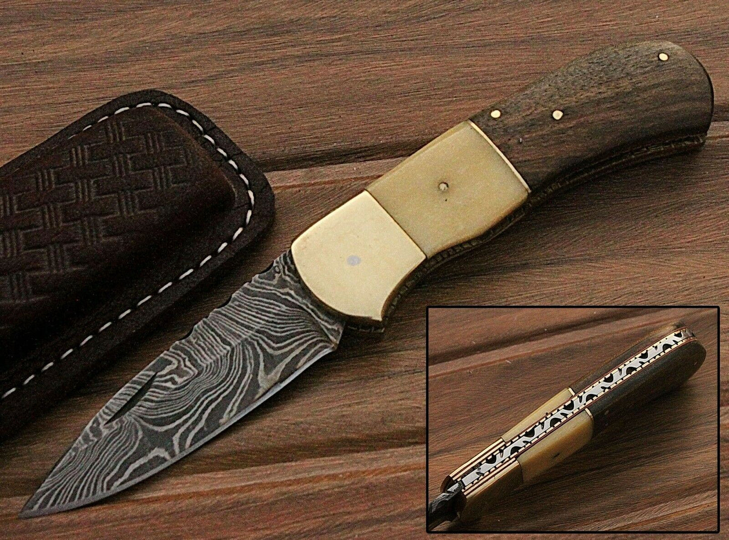 HAND FORGED Damascus Steel Folding Pocket Knife Bone Handle with Sheath(169B)