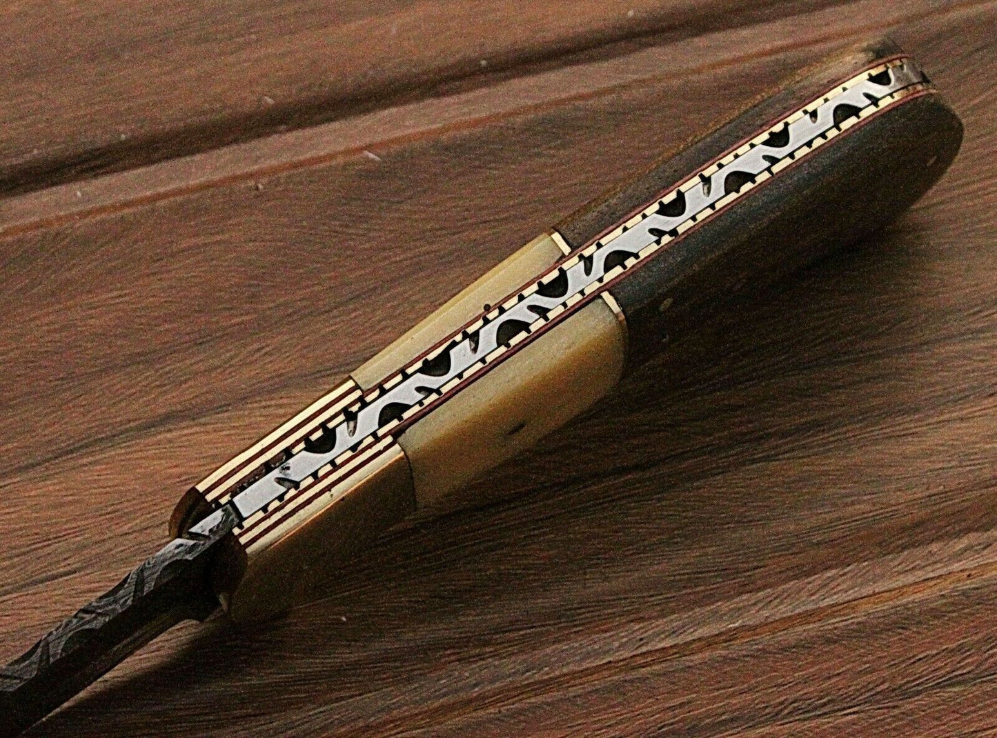 HAND FORGED Damascus Steel Folding Pocket Knife Bone Handle with Sheath(169B)