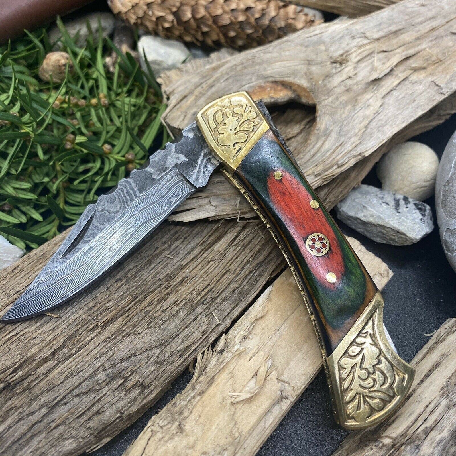 Knife Olive Wood Pocket Knife Set Damascus Pocket knife for men Foldin –  Best Buy Damascus