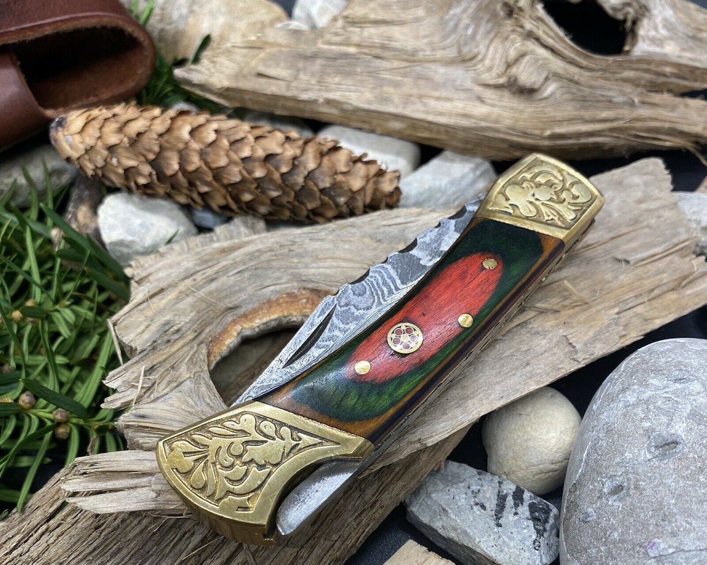 HAND FORGED DAMASCUS Steel Folding Lockback Pocket Knife Engraved Wood Handle