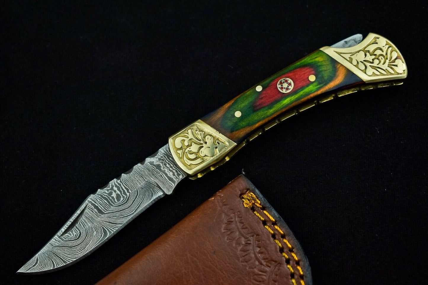 HAND FORGED DAMASCUS Steel Folding Lockback Pocket Knife Engraved Wood Handle
