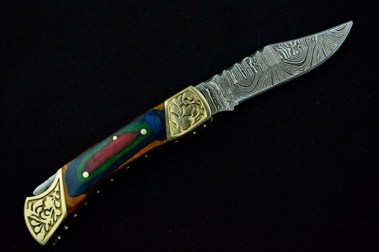 HAND FORGED DAMASCUS Steel Folding Lockback Pocket Knife Engraved Wood Handle