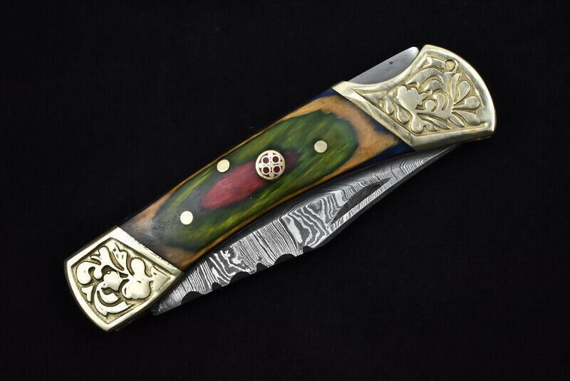 HAND FORGED DAMASCUS Steel Folding Lockback Pocket Knife Engraved Wood Handle