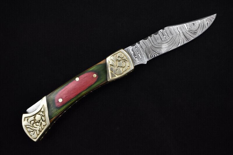 HAND FORGED DAMASCUS Steel Folding Lockback Pocket Knife Engraved Wood Handle