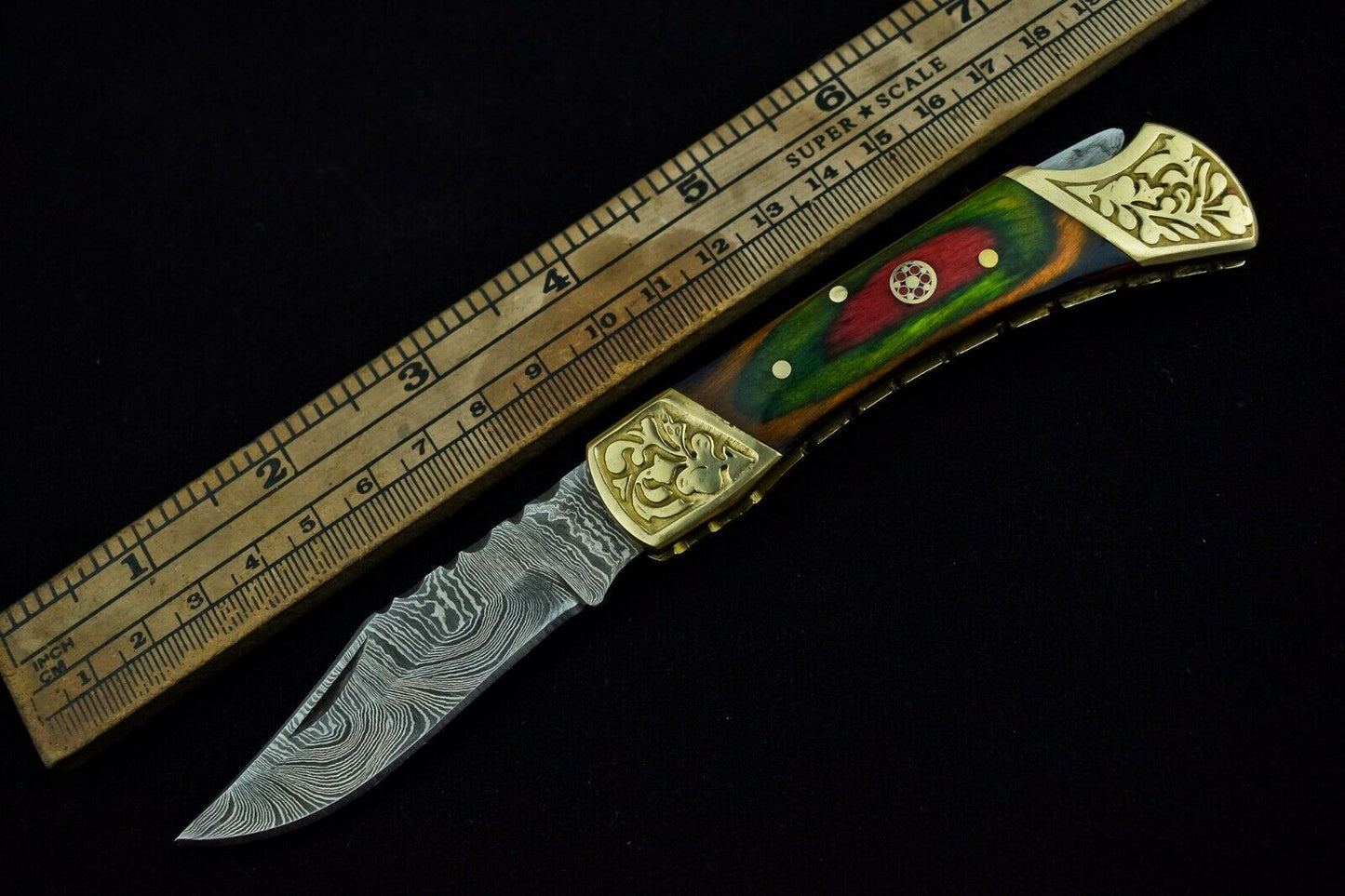 HAND FORGED DAMASCUS Steel Folding Lockback Pocket Knife Engraved Wood Handle