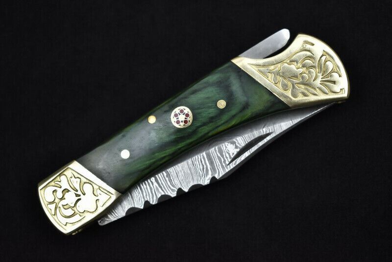 HAND FORGED DAMASCUS Steel Folding Lockback Pocket Knife Engraved Wood Handle