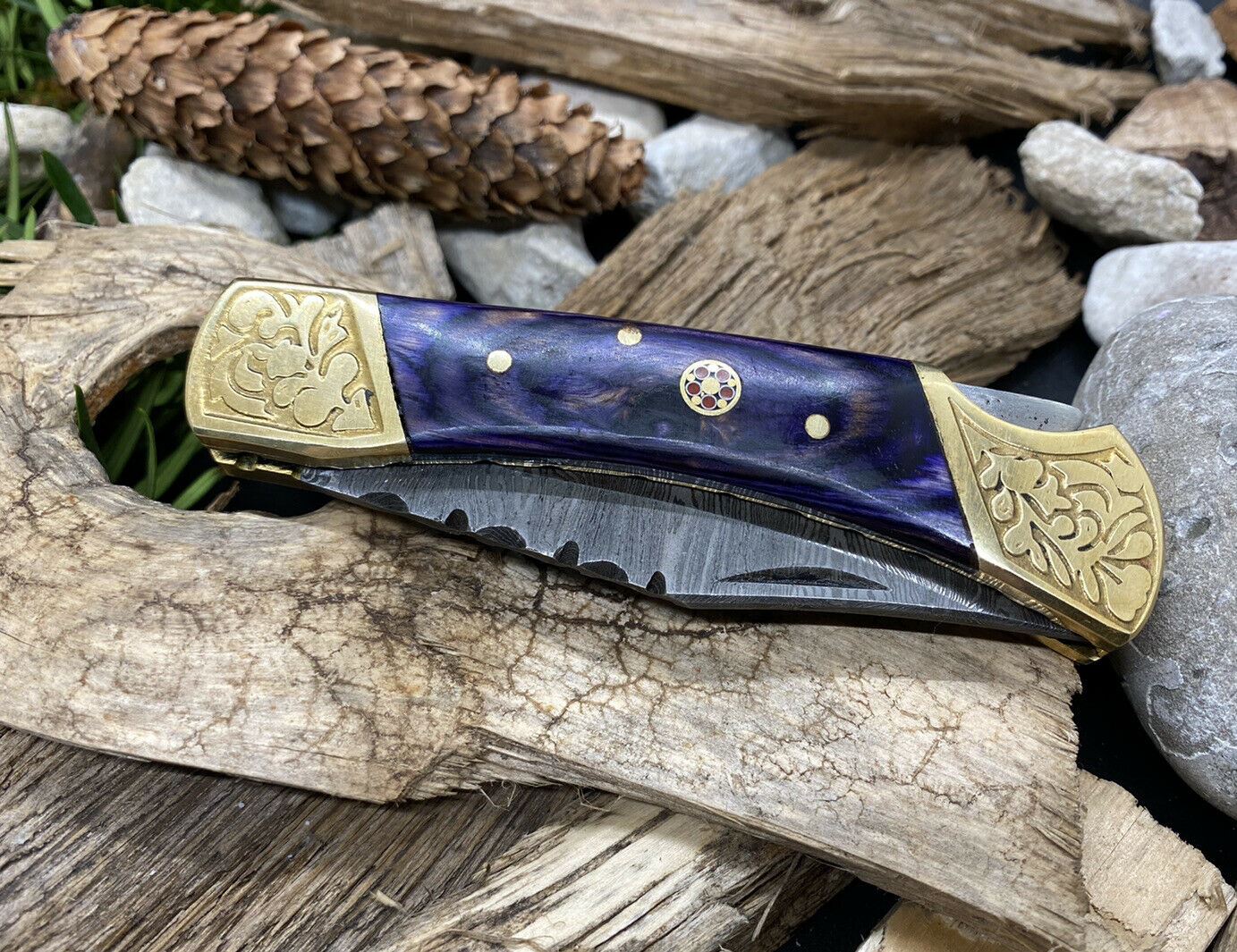 HAND FORGED DAMASCUS Steel Folding Lockback Pocket Knife Engraved Brass Handle