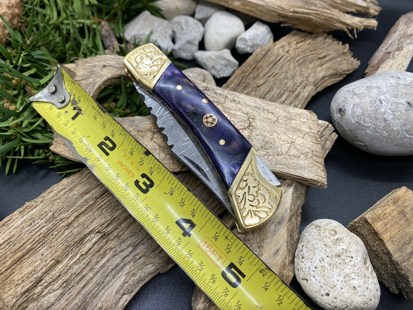 HAND FORGED DAMASCUS Steel Folding Lockback Pocket Knife Engraved Brass Handle