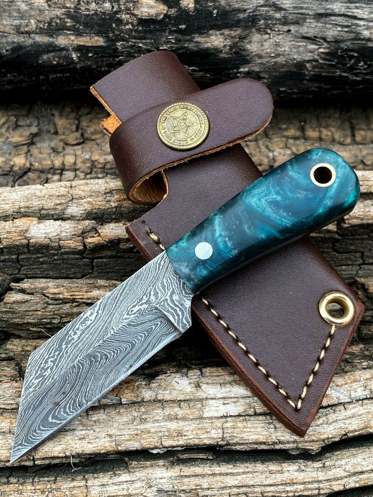 4.5" HAND FORGED DAMASCUS Steel Mini Neck Cleaver Knife with Sheath