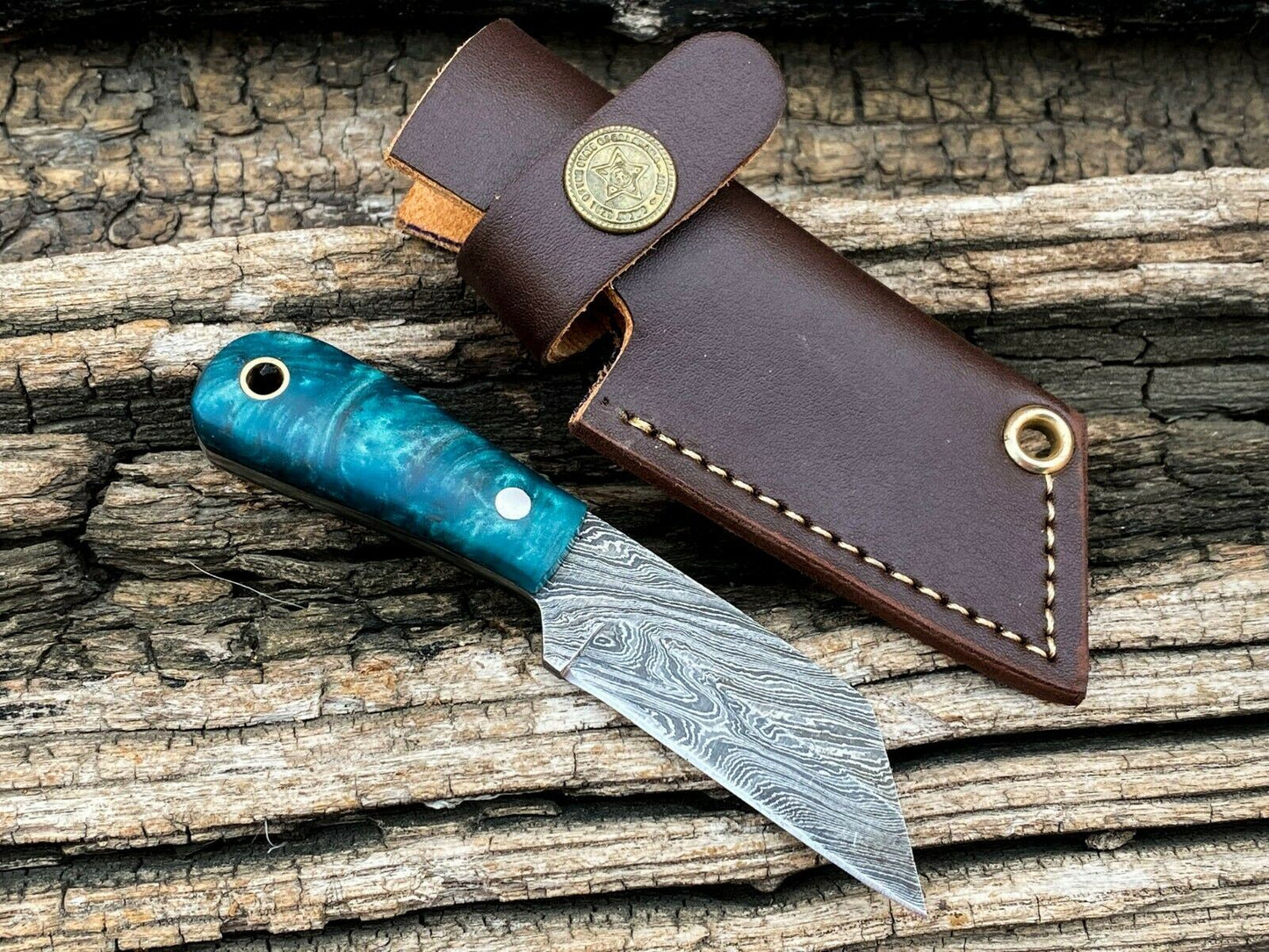 4.5" HAND FORGED DAMASCUS Steel Mini Neck Cleaver Knife with Sheath