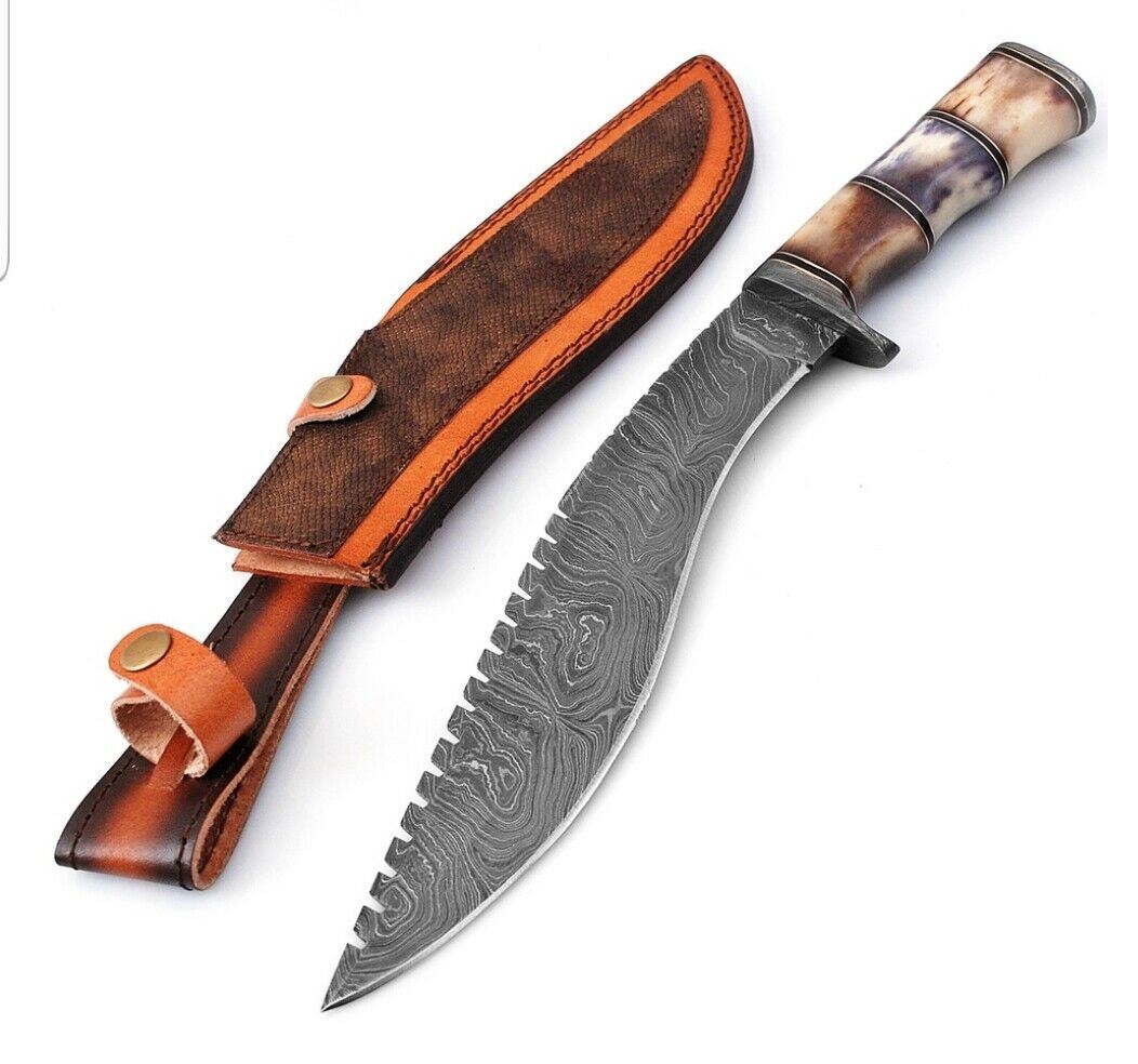 HAND FORGED DAMSACUS Steel KUKRI Hunting Knife Burnt Bone Handle With Sheath