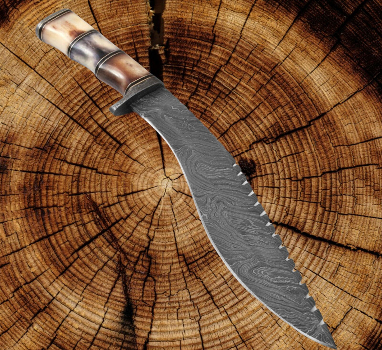 HAND FORGED DAMSACUS Steel KUKRI Hunting Knife Burnt Bone Handle With Sheath
