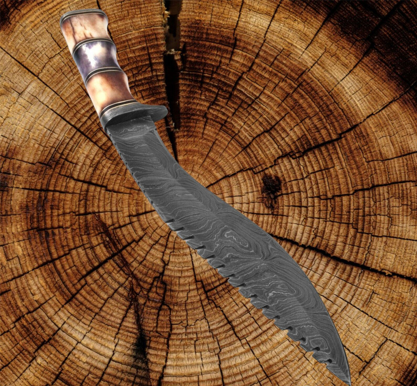 HAND FORGED DAMSACUS Steel KUKRI Hunting Knife Burnt Bone Handle With Sheath